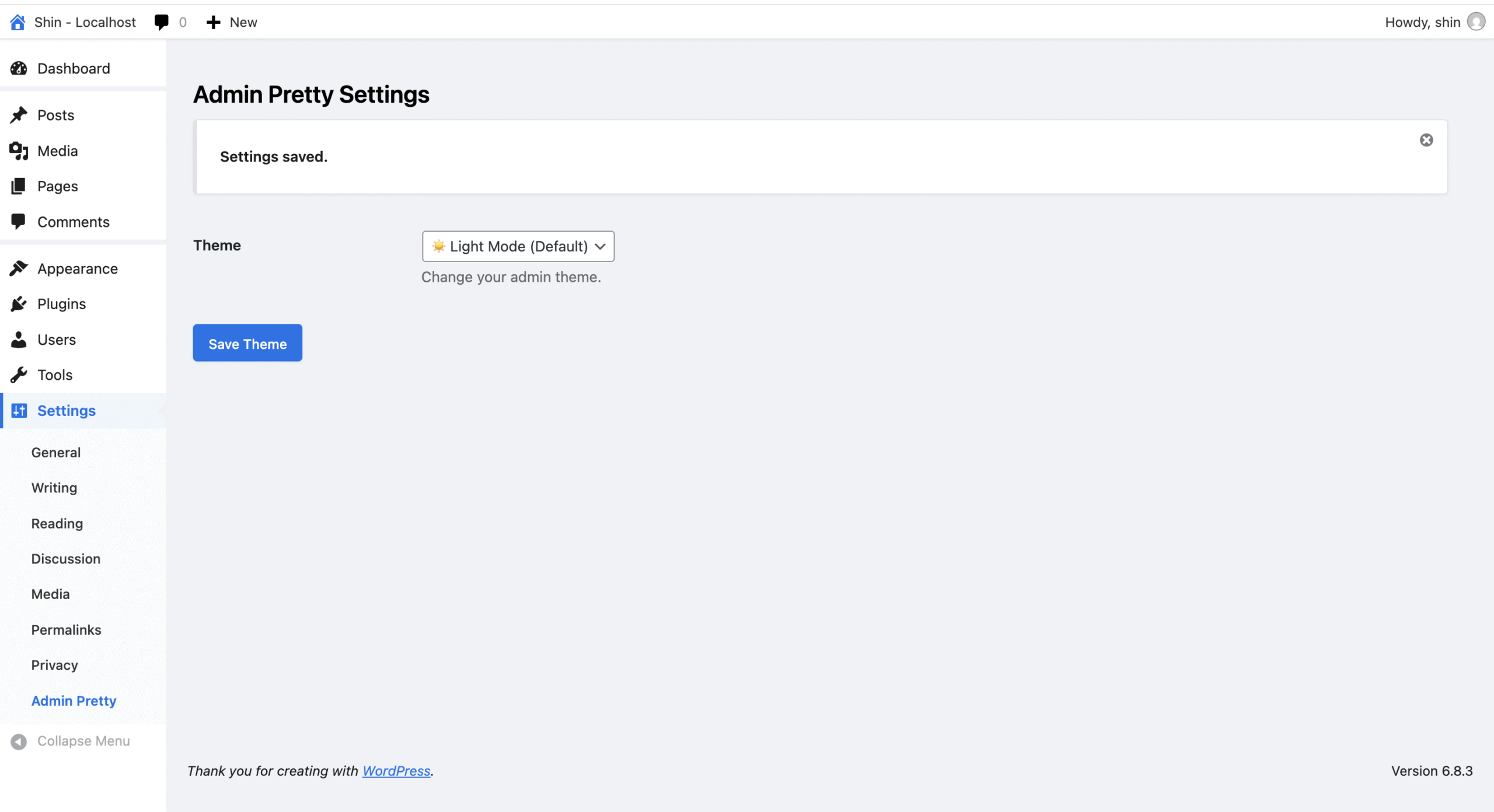 admin pretty plugin - light mode